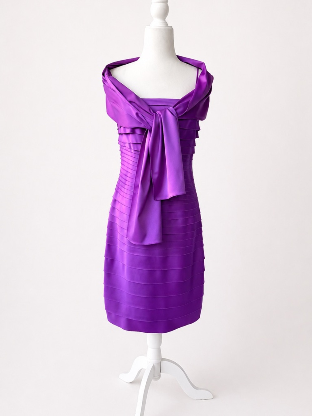 JS Collection Purple Satin Pleated Cocktail Dress + Shawl – Size 6